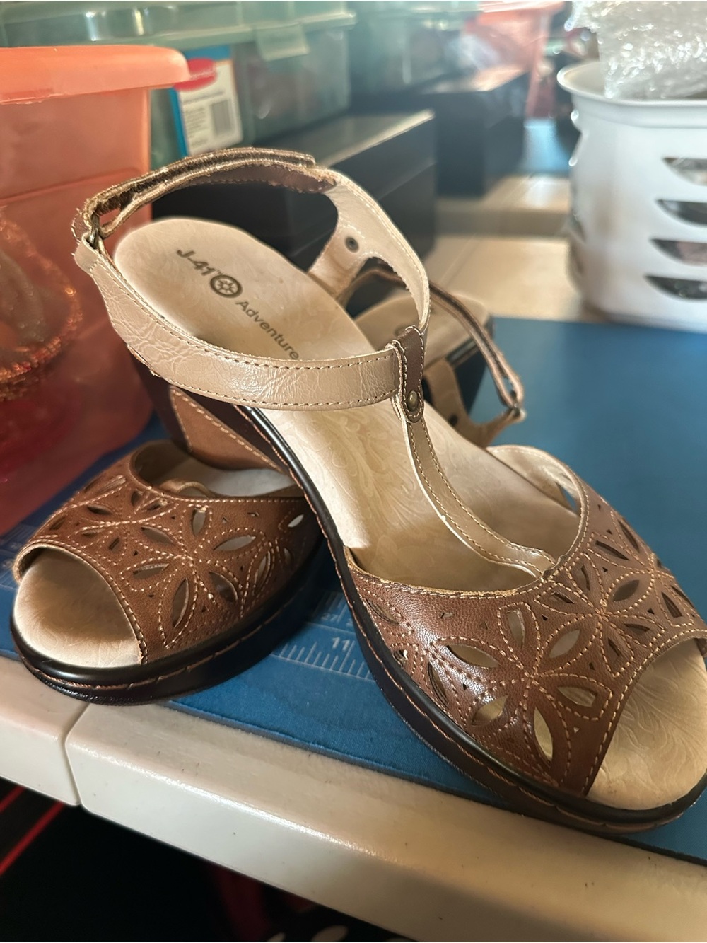 Women's Two-Tone Brown and Cream Laser-Cut T-Strap Sandals
